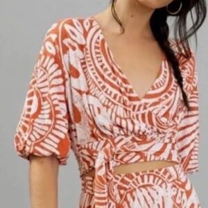 By Anthropologie Bodhi Orange White Short Sleeve Cropped Wrap Top Blouse Small
